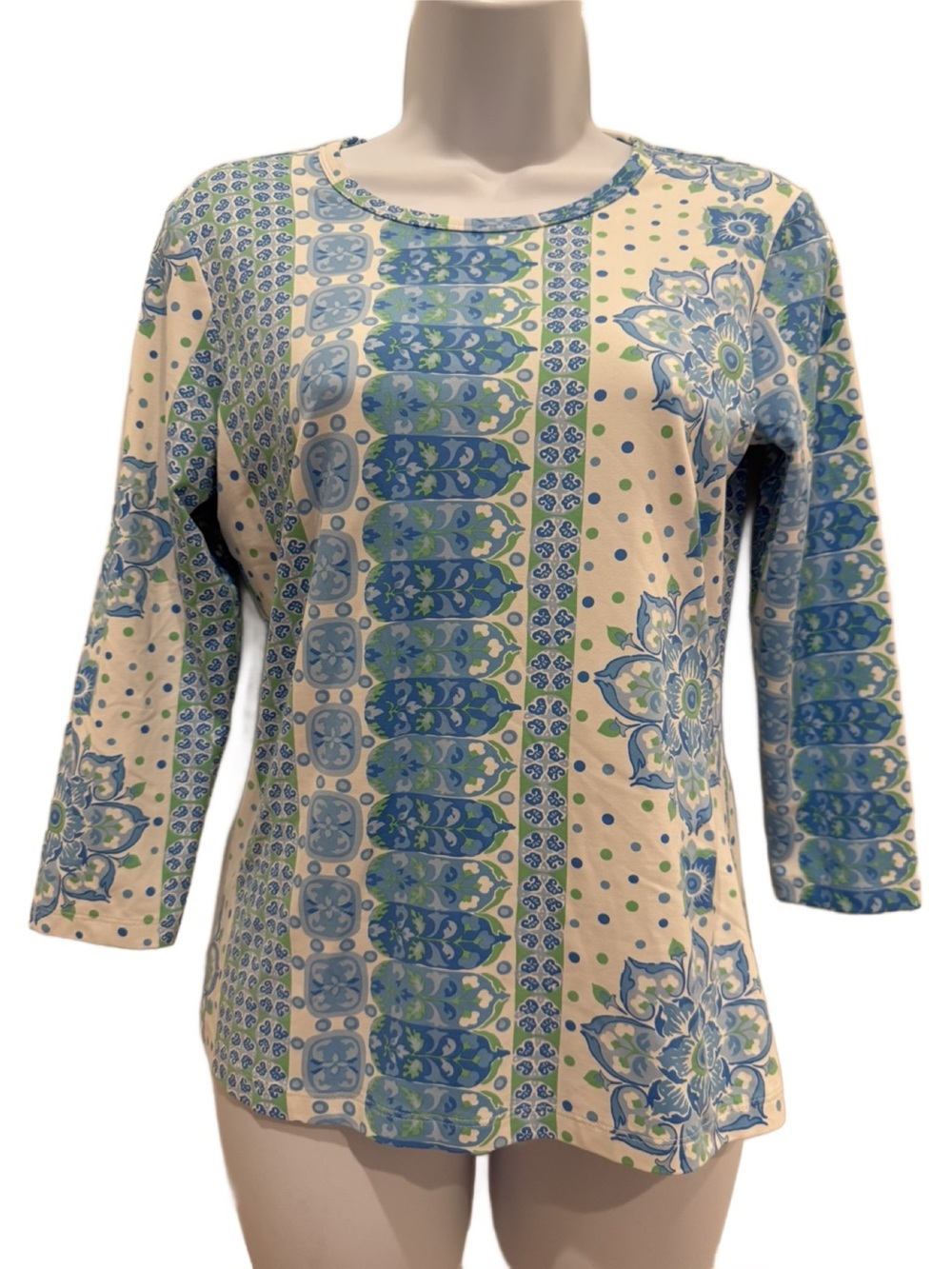 J. McLaughlin Blue, Green and Cream Floral Stripe Long-Sleeve Top. XS